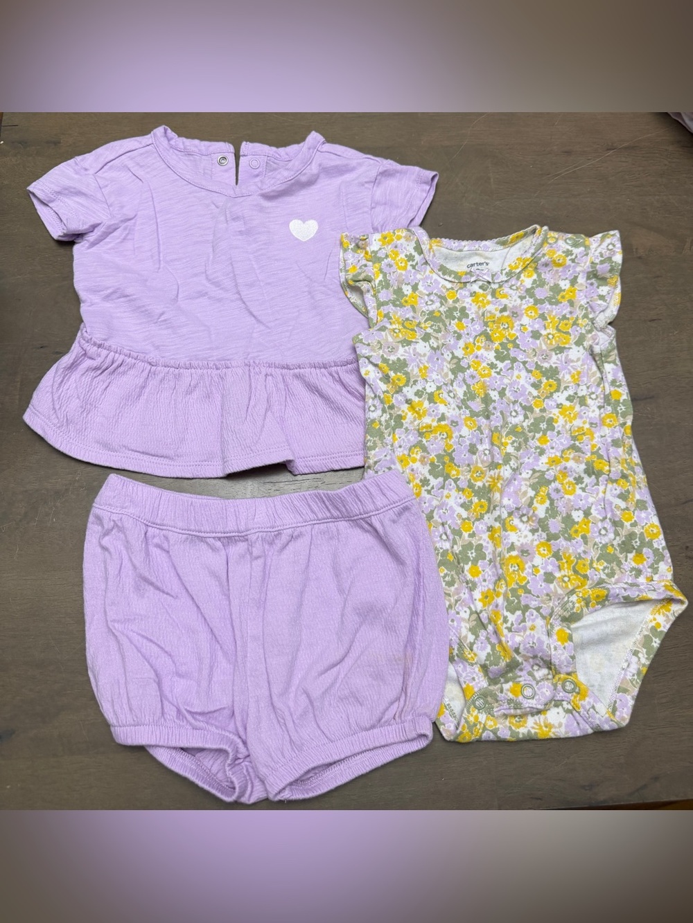 3pc Carter's Lavender Peplum Top, Shorts & Yellow-Lavender Floral Bodysuit Set
